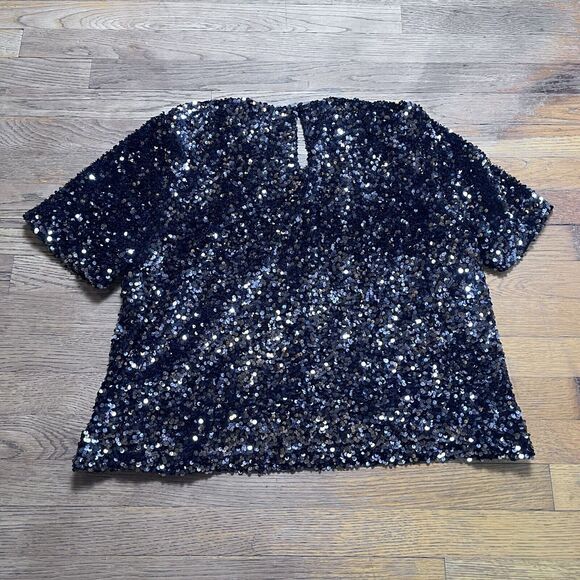 Alex Marie Sequined Blouse Stretch Short Sleeve Lined Party Top Black Womens XL - Picture 5 of 16